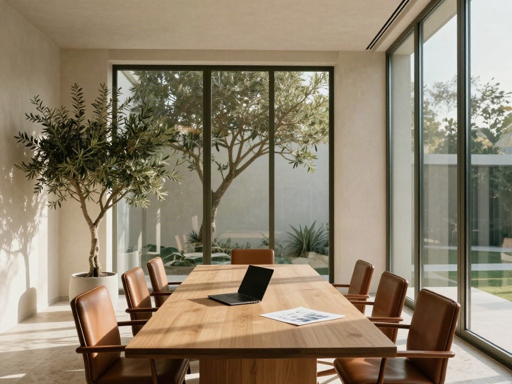 Sunlit contemporary boardroom with a long oak meeting table and warm, natural materials